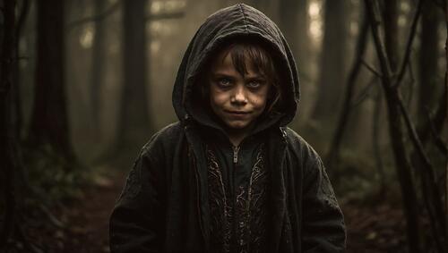 Мальчик в толстовке с капюшоном стоит в лесу.