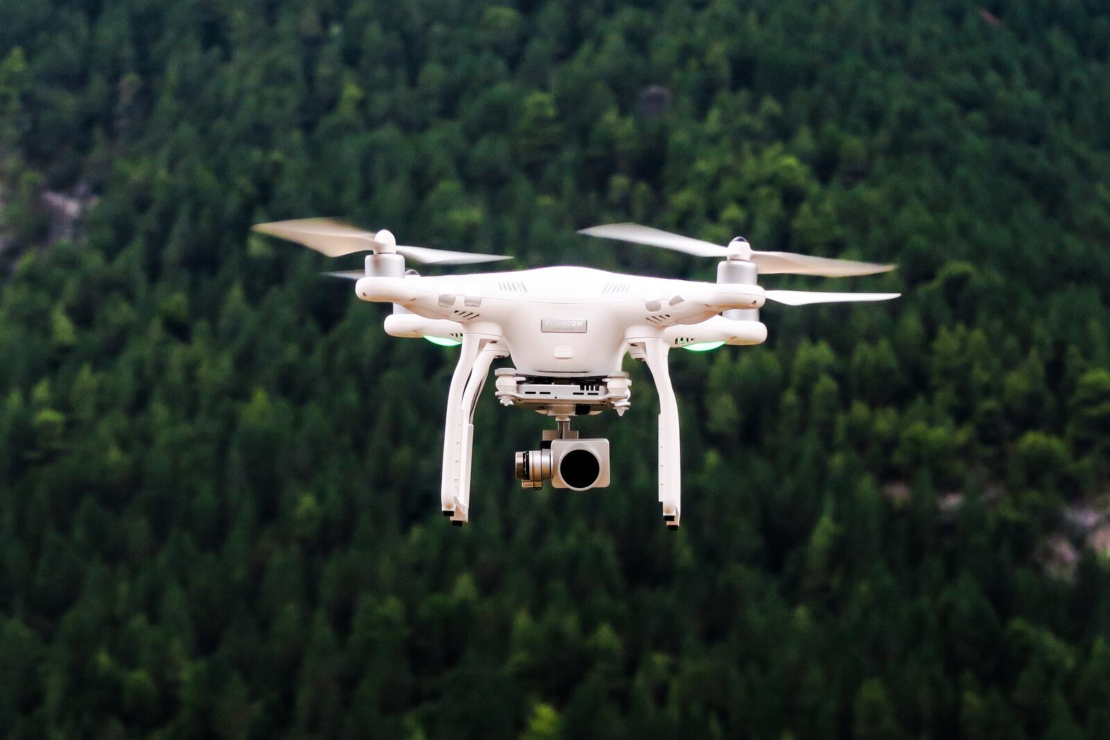 免费照片一架四旋翼飞行器从树林上空飞过。