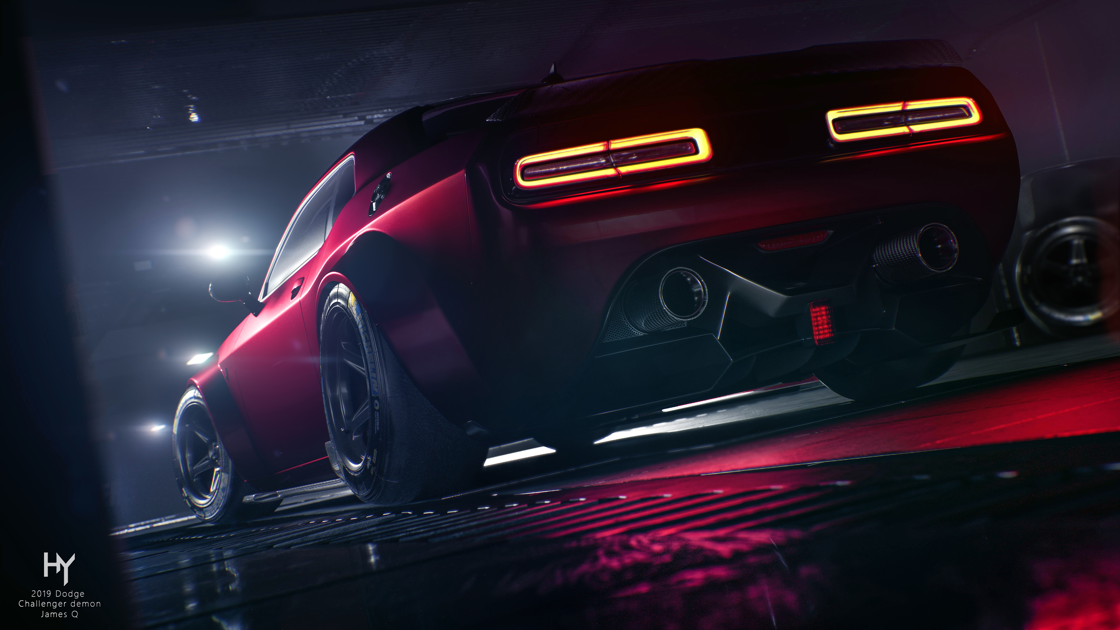 Free photo Red Dodge Challenger with tail lights on