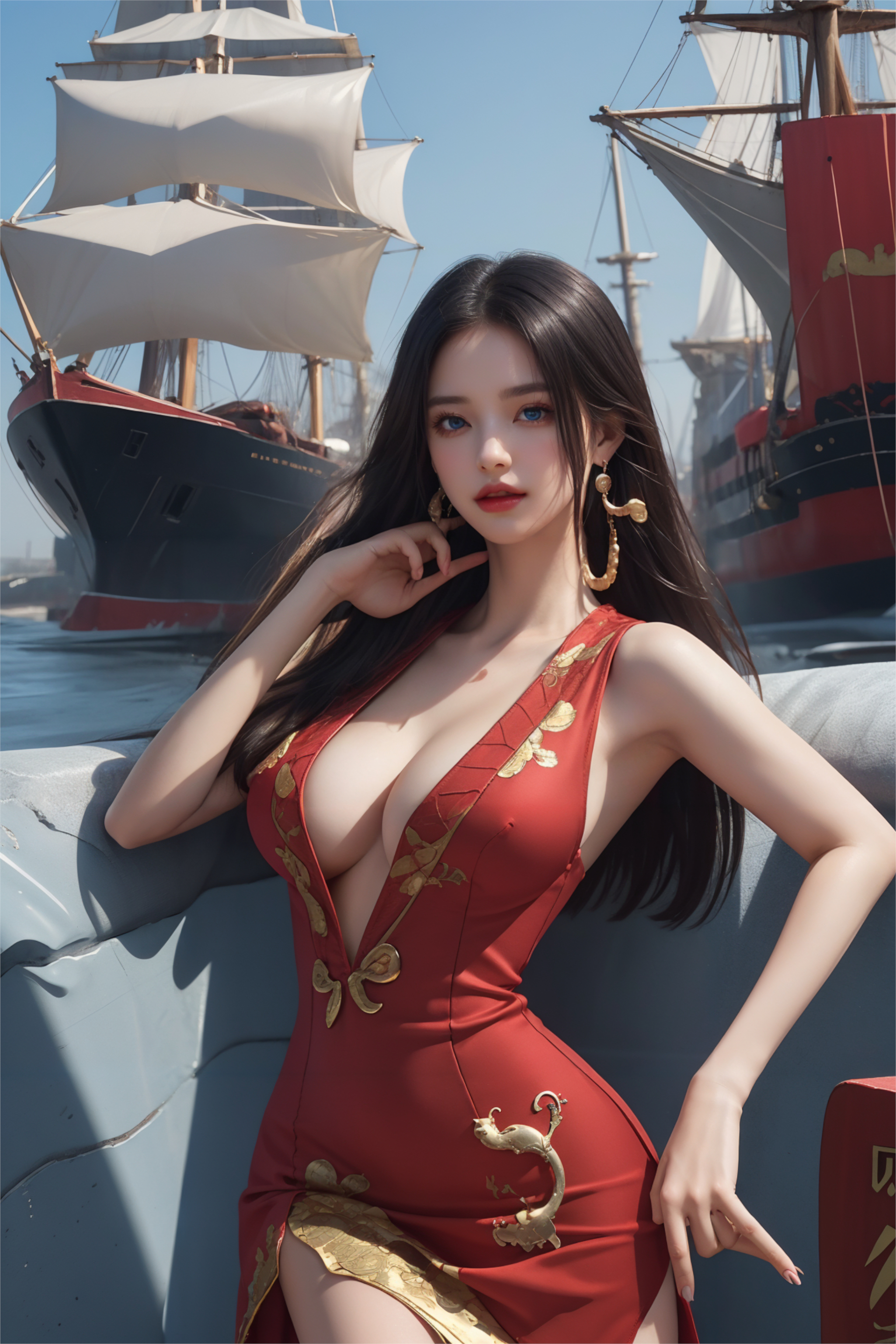 一幅以船只为背景的女孩图画