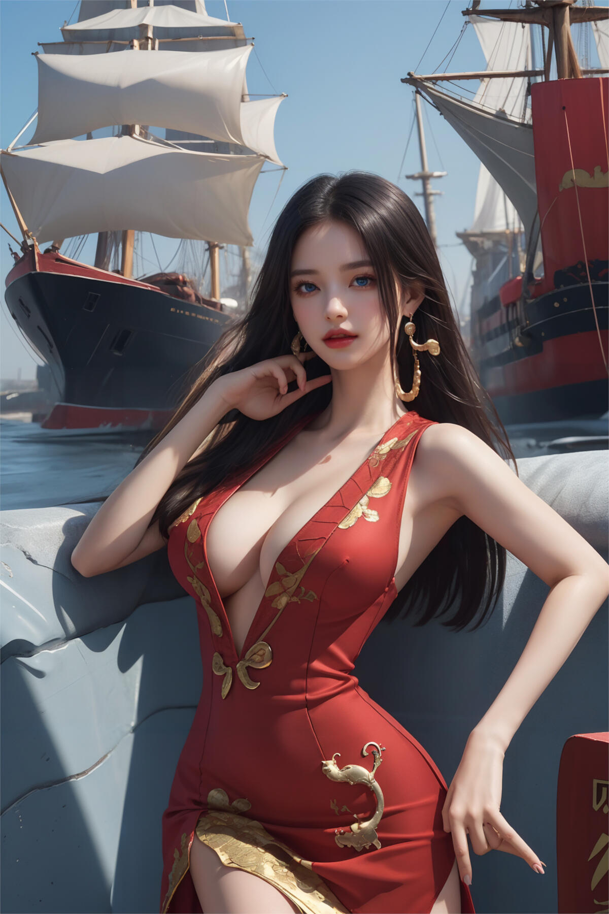 A drawing of a girl against a background of ships