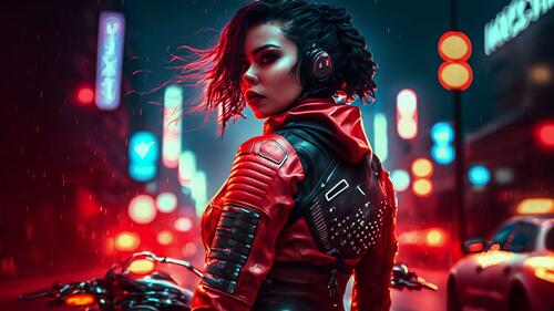 A girl biker wearing headphones and a red and black suit, standing on the road near a motorcycle against a background of lights