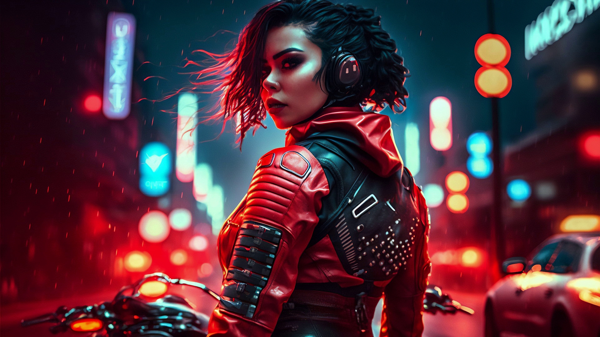 Free photo A girl biker wearing headphones and a red and black suit, standing on the road near a motorcycle against a background of lights