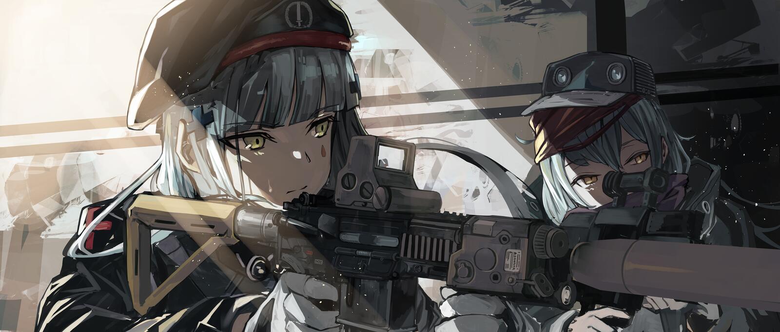 Бесплатное фото Аниме девочка с автоматической винтовкой