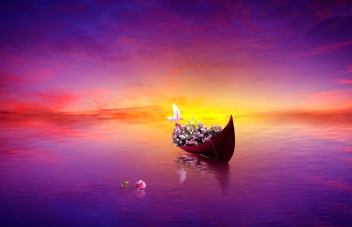 Рисунок лодки с цветами и белым голубем
