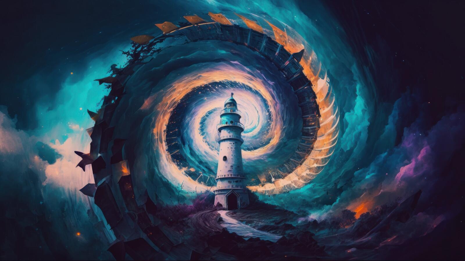 Free photo A fantastic vortex against the backdrop of the lighthouse