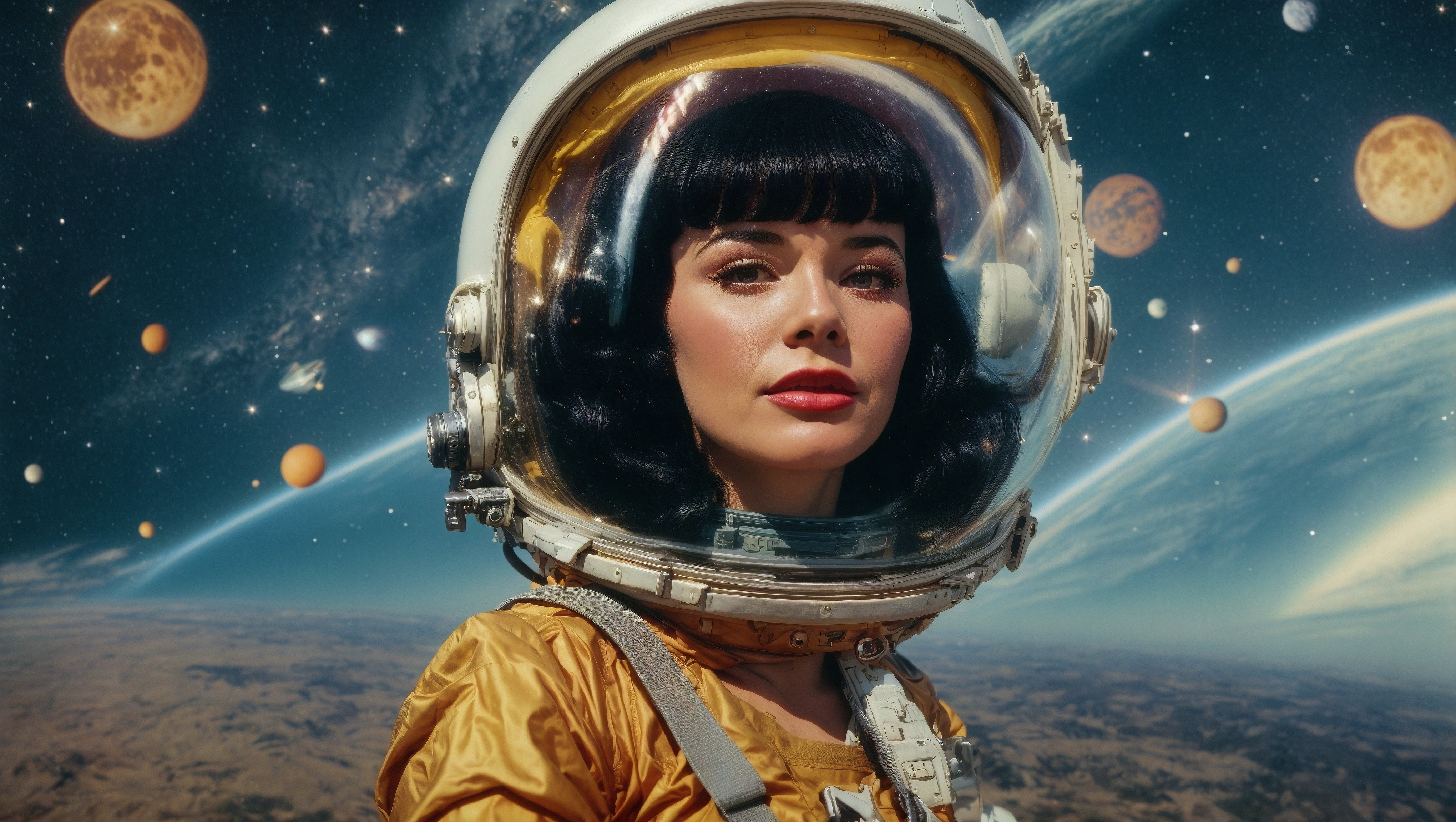 A woman in an astronaut`s outfit staring out at the planets