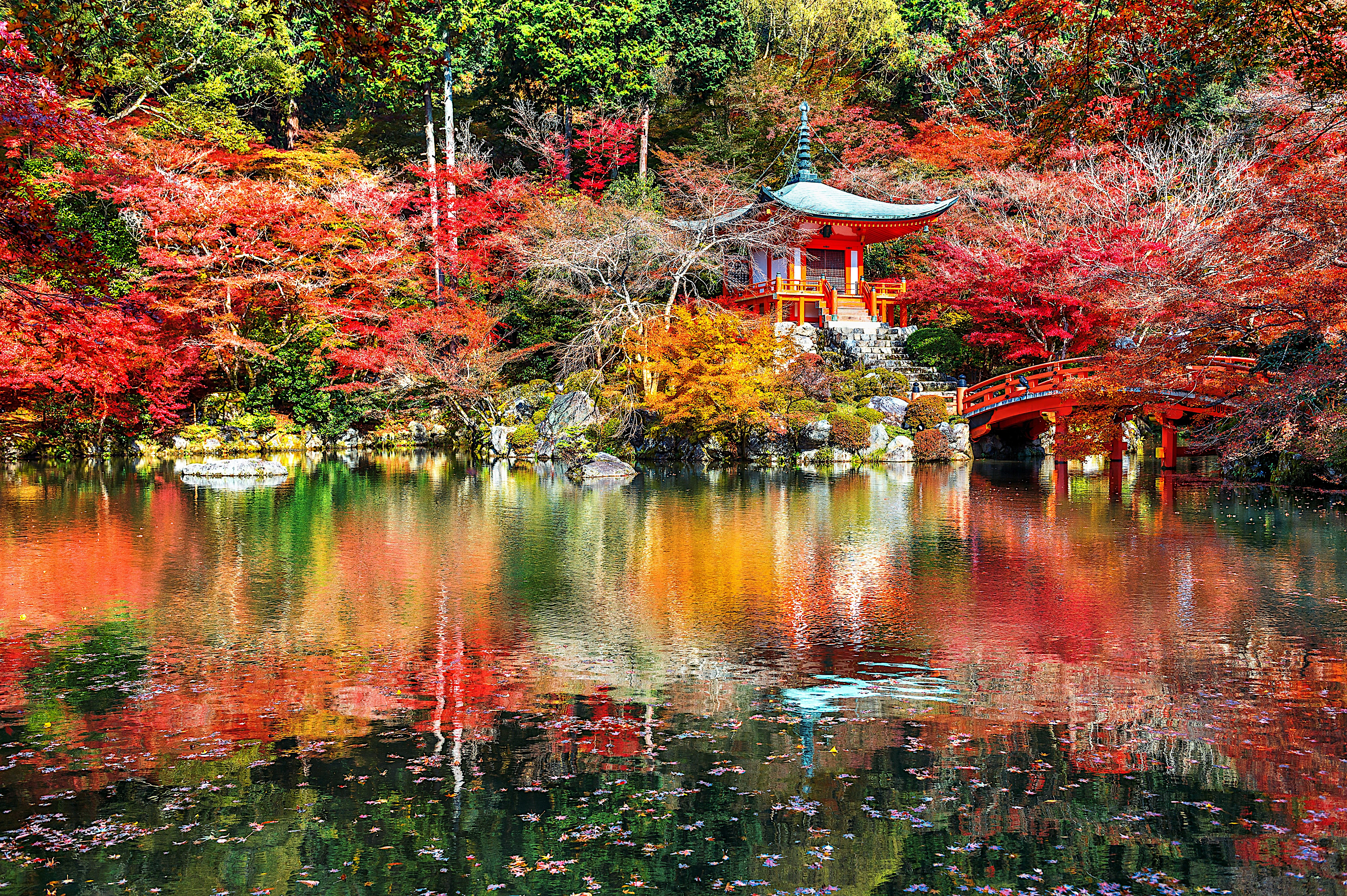 Free photo A pond with a red bridge in Japan