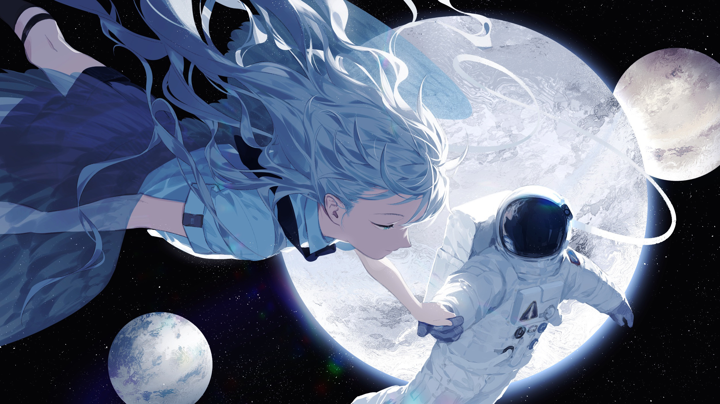 Photo Wallpaper Anime Girl Floating Moon Planets Astronaut Anime