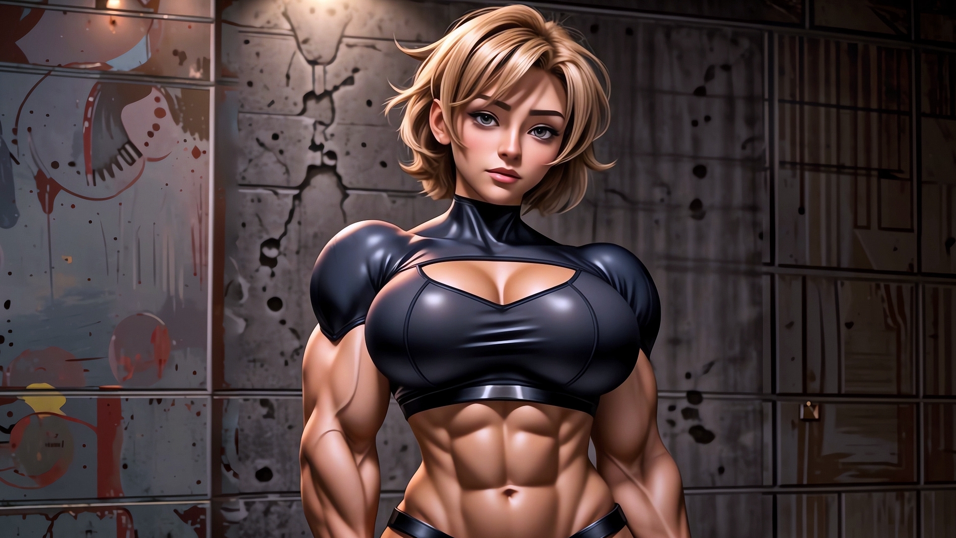 Free photo Blonde-haired girl bodybuilder standing against the wall