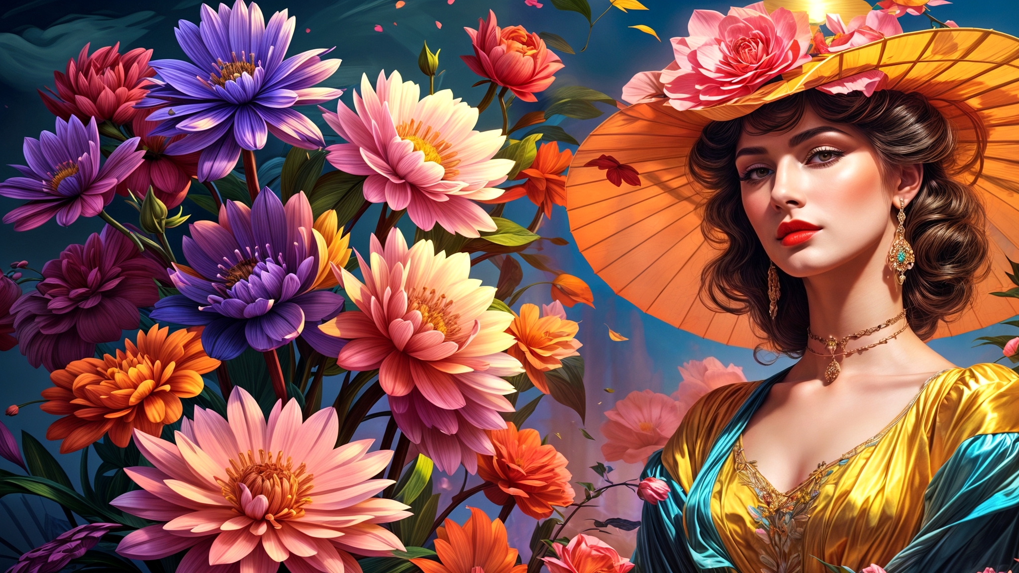 Free photo Portrait of a girl with a hat and flowers