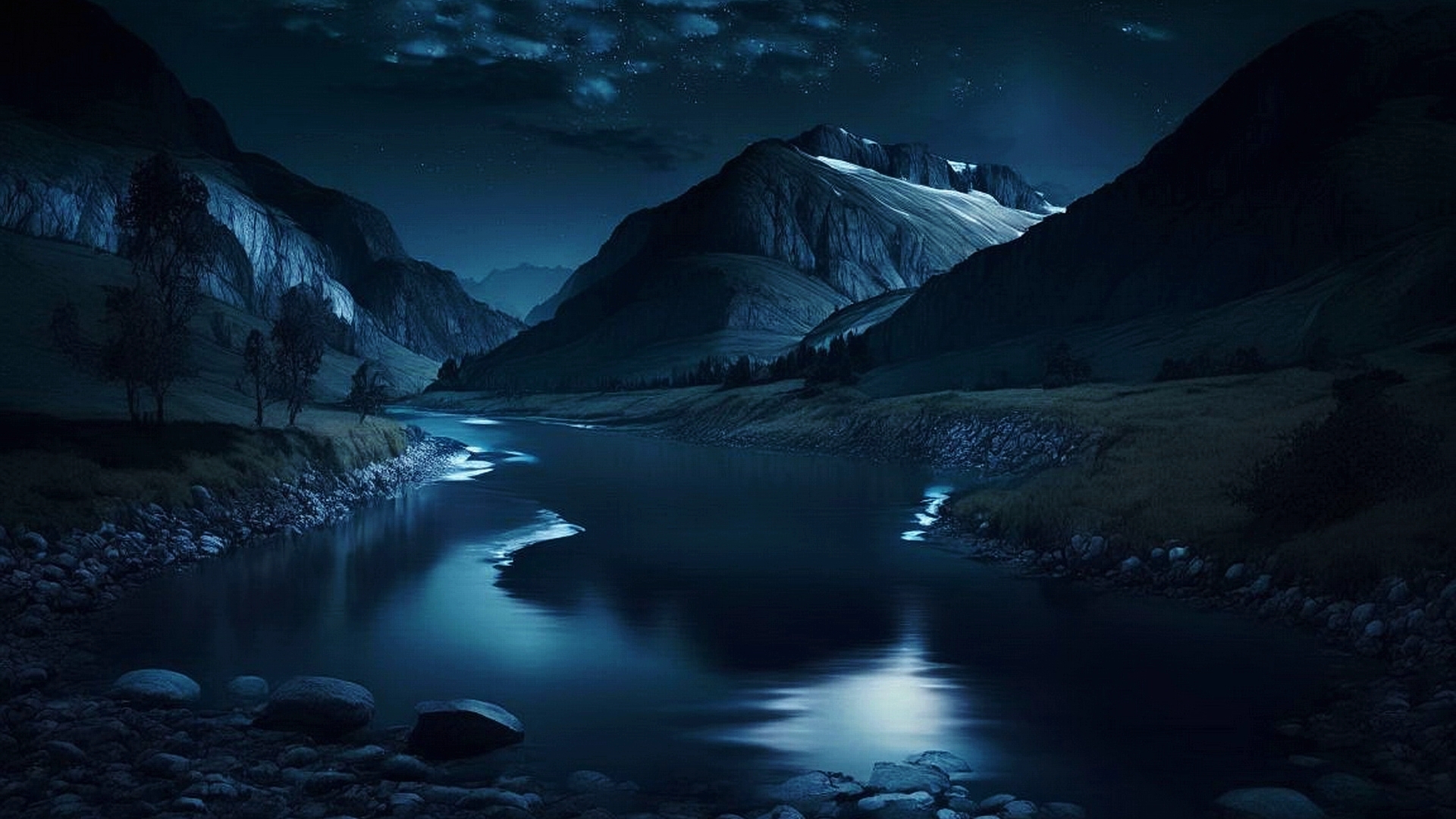 Night mountain landscape and river