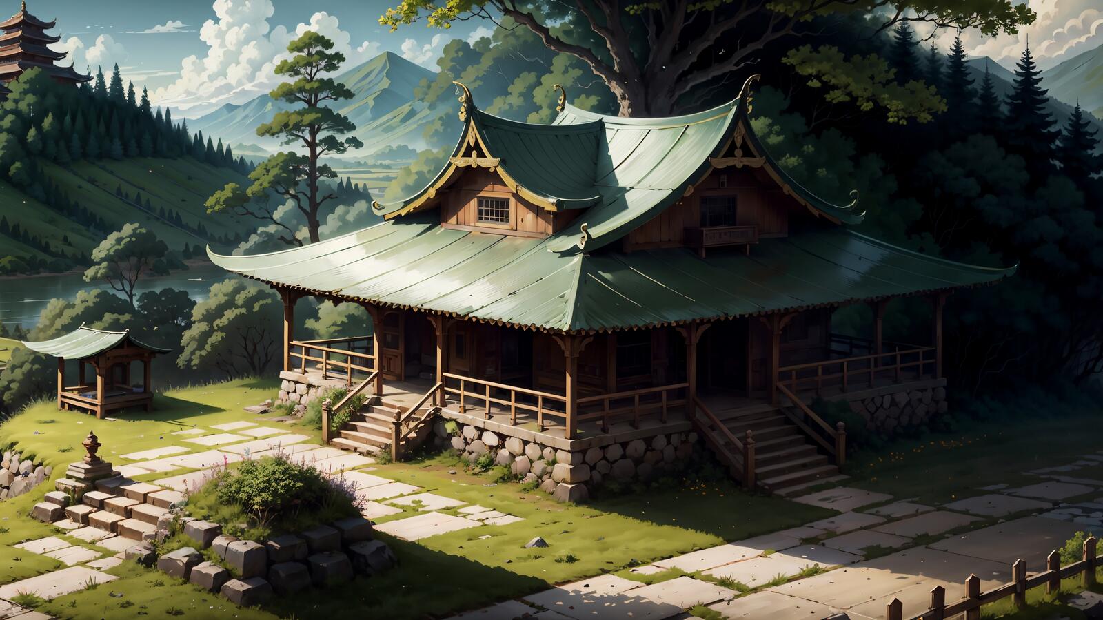 Free photo Asian style building next to a large tree