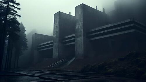 A gray futuristic building in the fog
