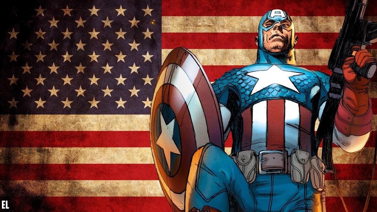 Captain America in front of the flag