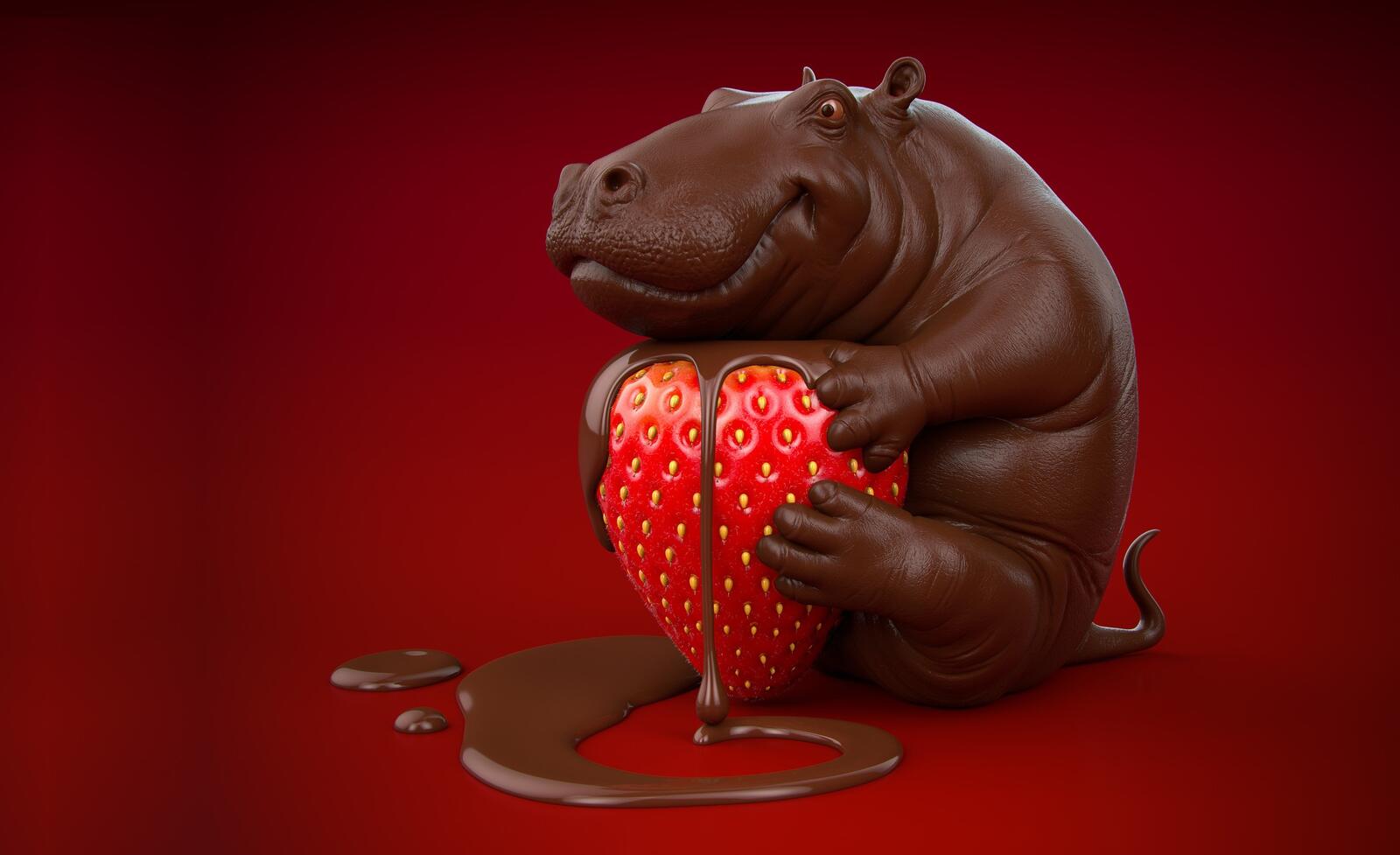 免费照片一只巧克力河马坐在那里，手里拿着一颗草莓