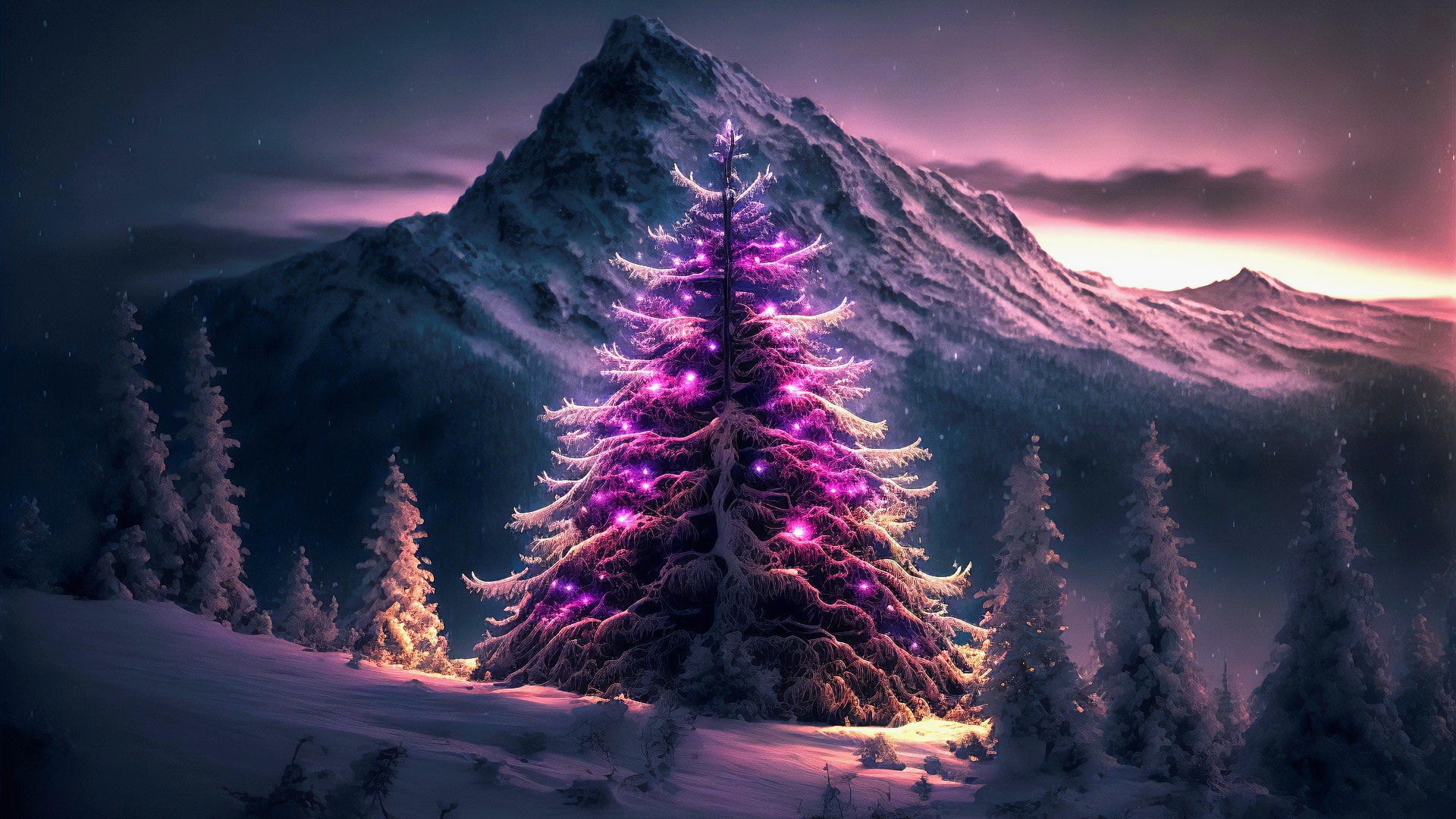 Free photo Christmas tree decorated with purple garland