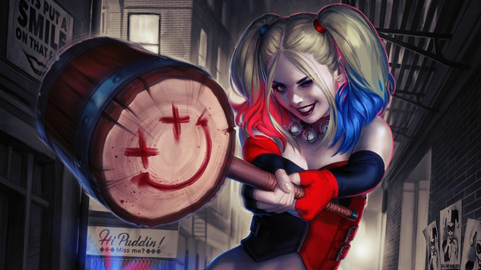 Free photo Harley Quinn with a wooden hammer