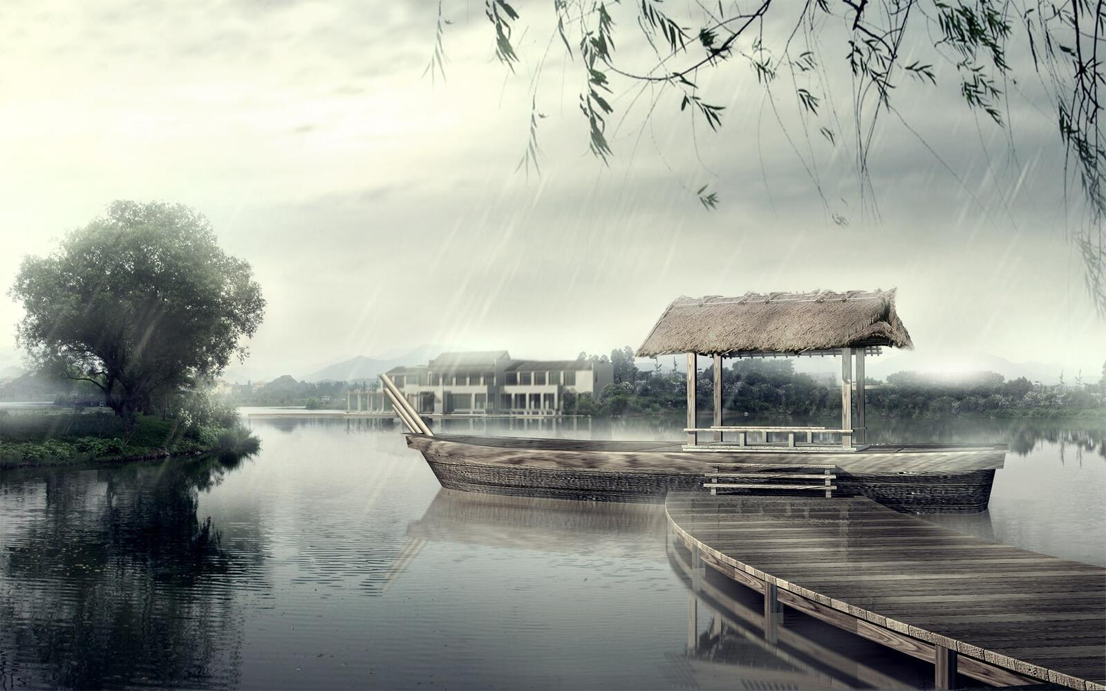 Free photo A dock with a boat in rainy weather in Japan