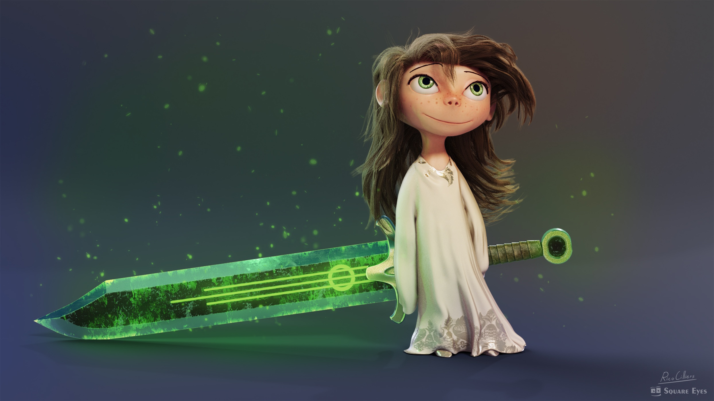 一个拿着绿剑的女孩的图画