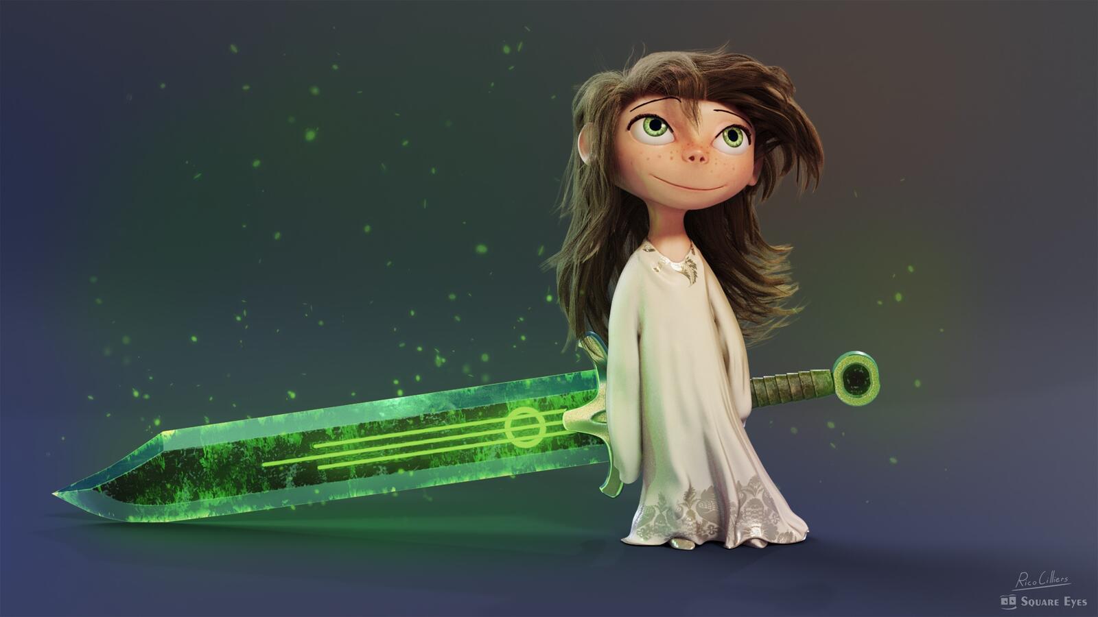 Free photo Drawing of a girl with a green sword