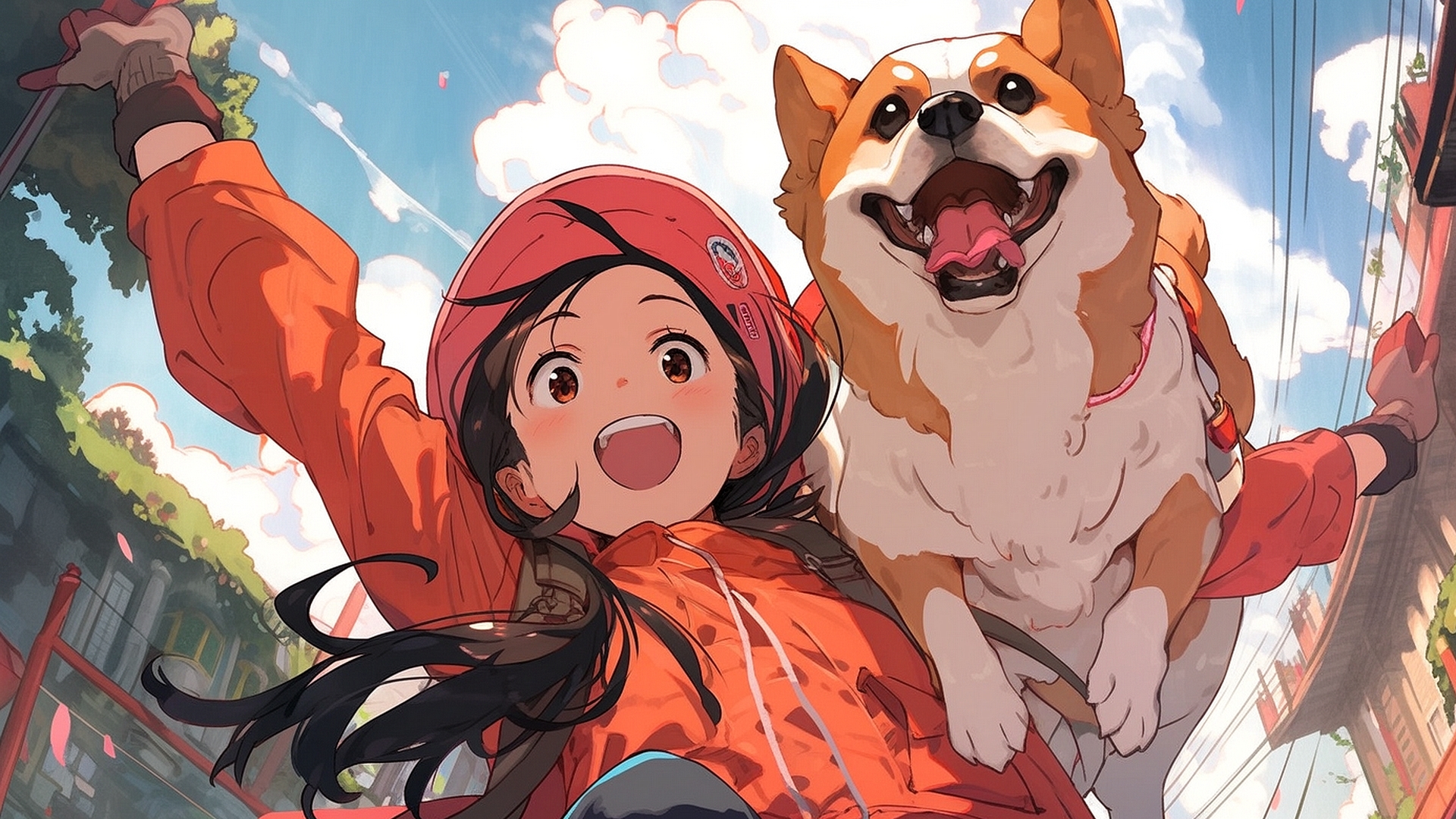 A drawing of a joyful girl and a dog