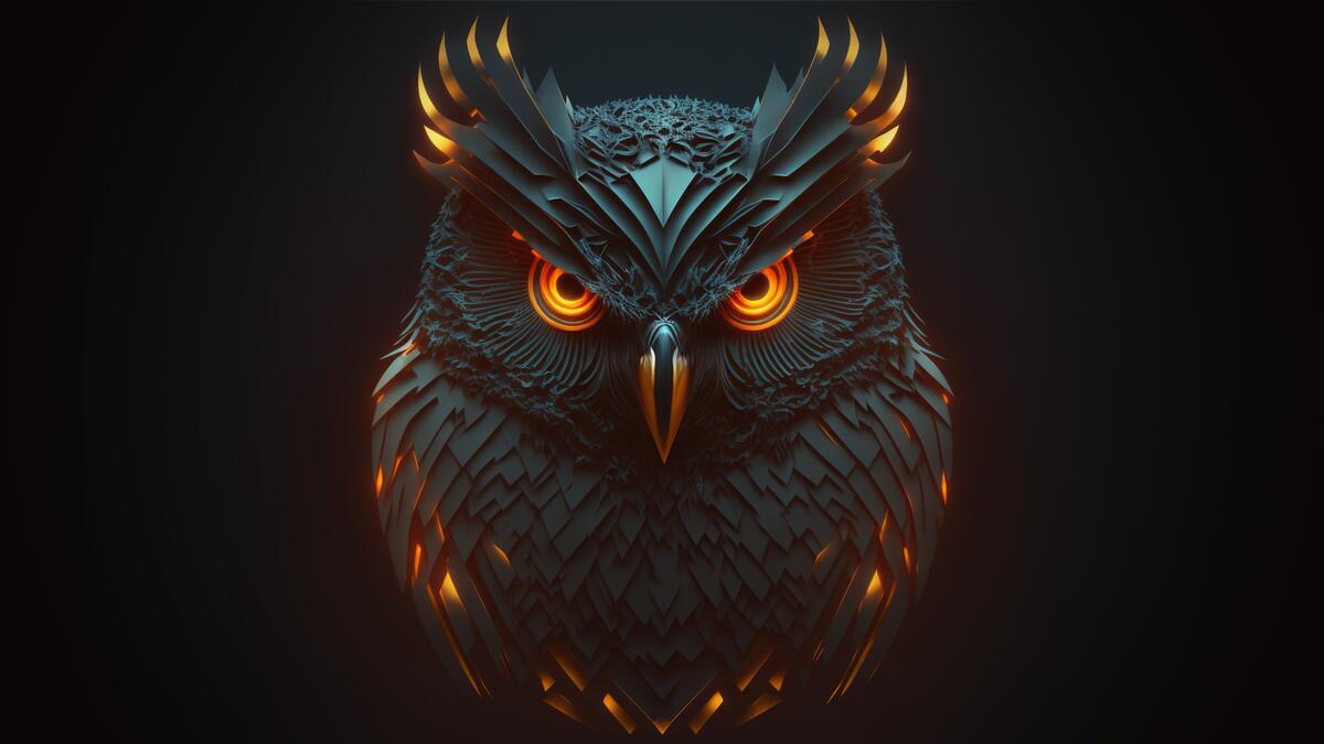 Dark owl on black background with glowing eyes and feathers
