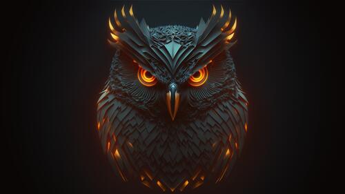 Dark owl on black background with glowing eyes and feathers