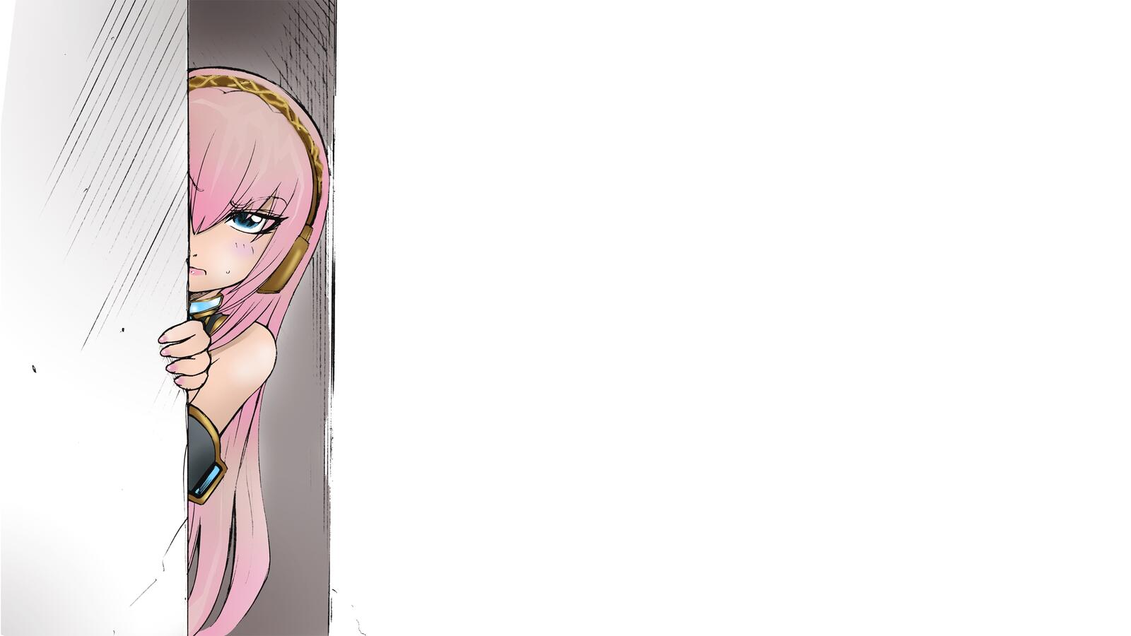 Бесплатное фото Аниме девочка с розовыми волосами выглядывает из-за угла