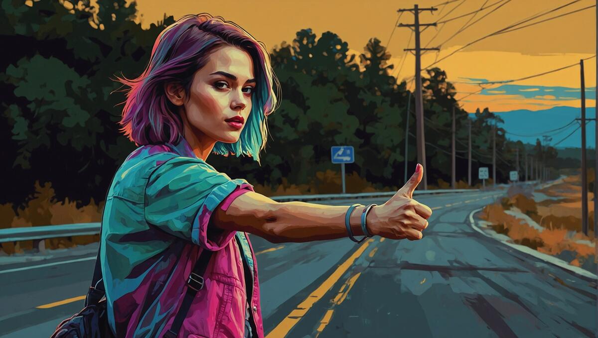 A painting depicting a woman hitchhiking
