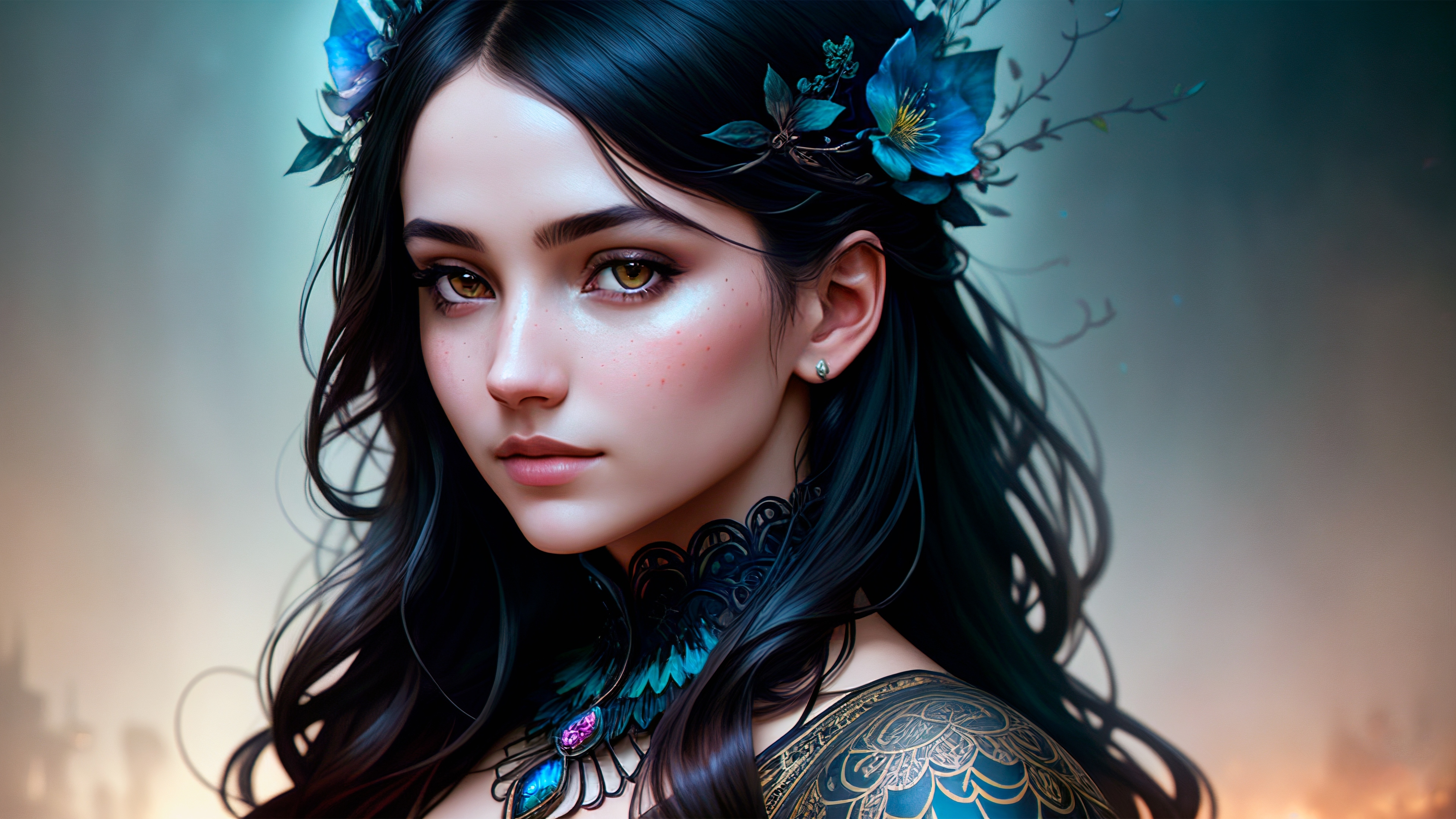 梦幻般的黑发女孩，头发上有蓝色的花朵