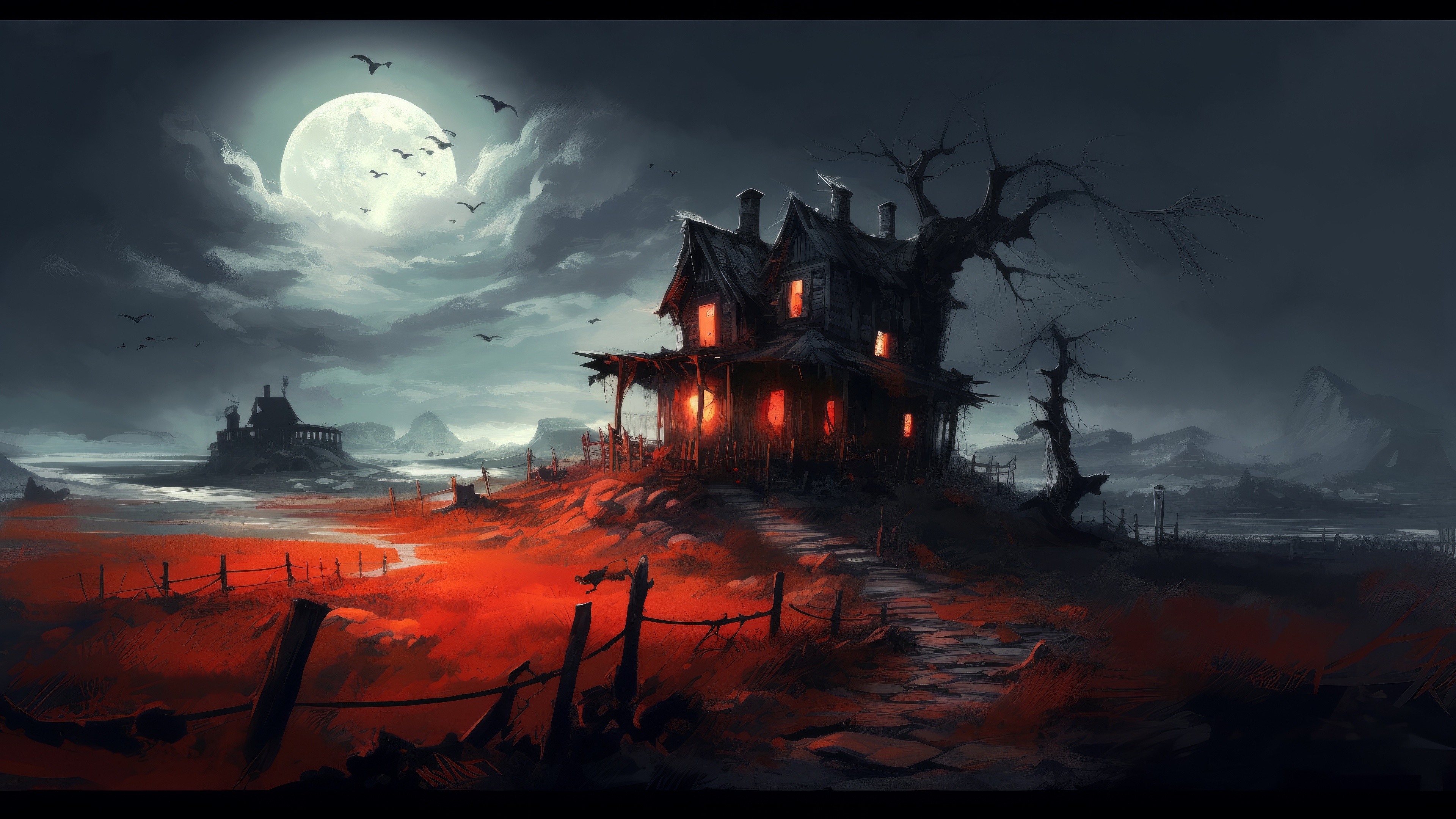 Witch`s hut under the full moon