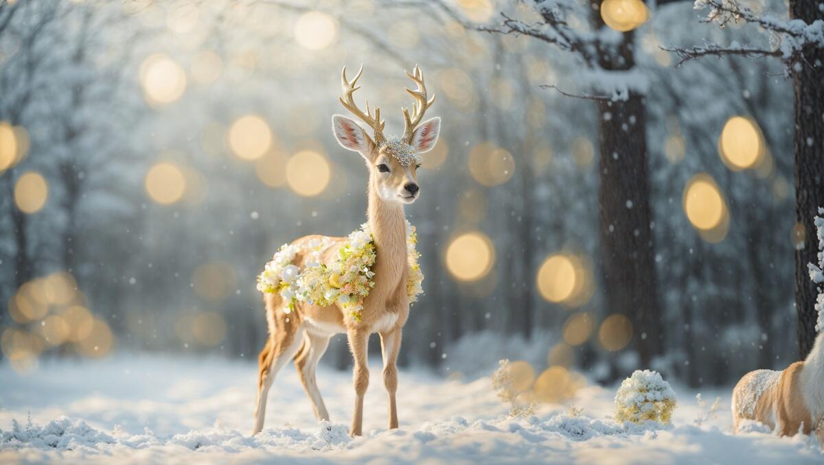 Reindeer in the snow with wreath decoration