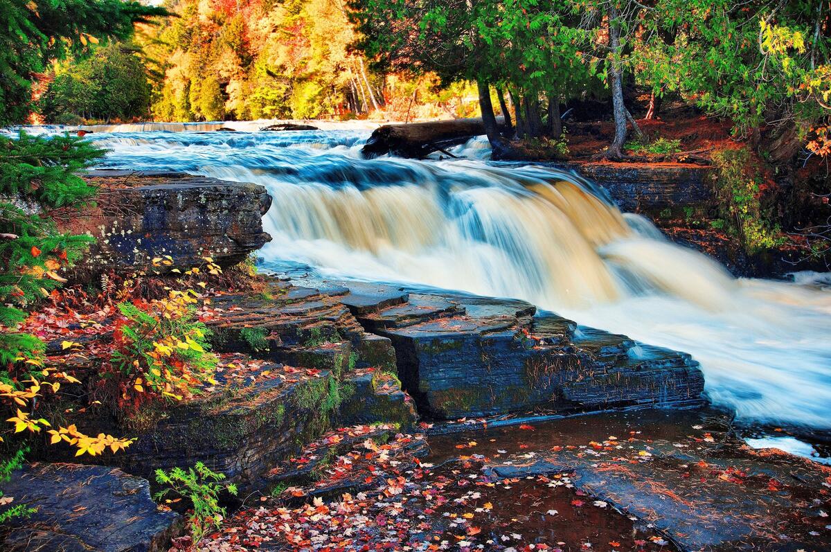 A river with a strong flow in the fall woods