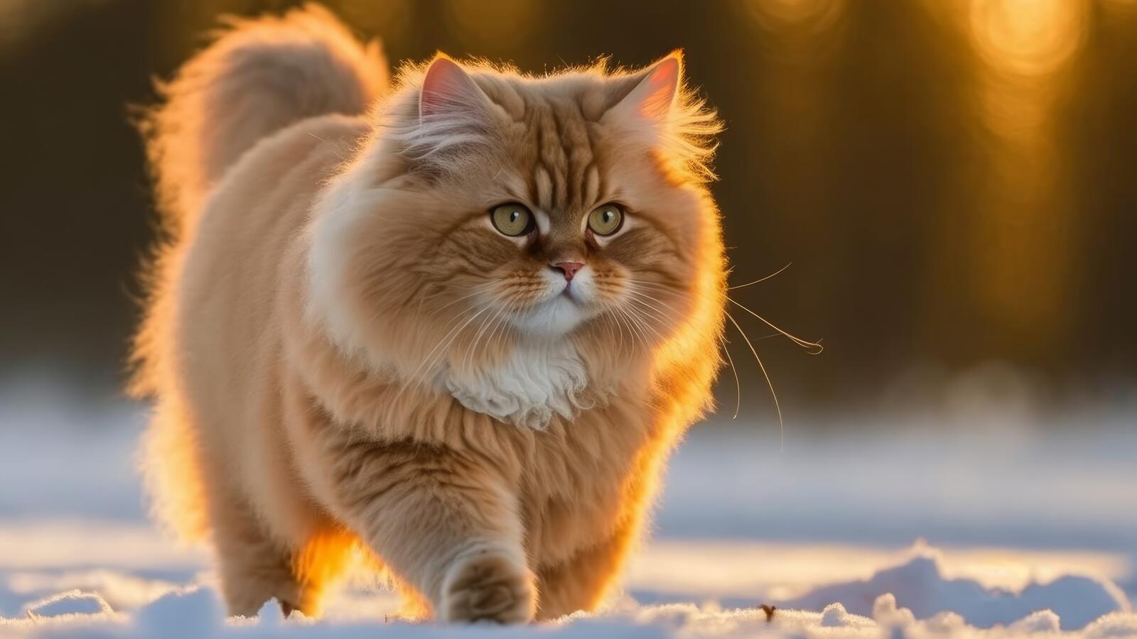Free photo Red cat running in the snow in the sunlight