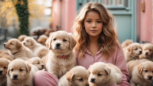 The woman is posing for a photo with many puppies