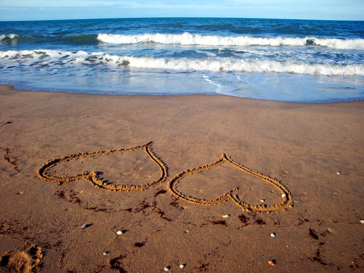 Два сердечка на песке у берега моря