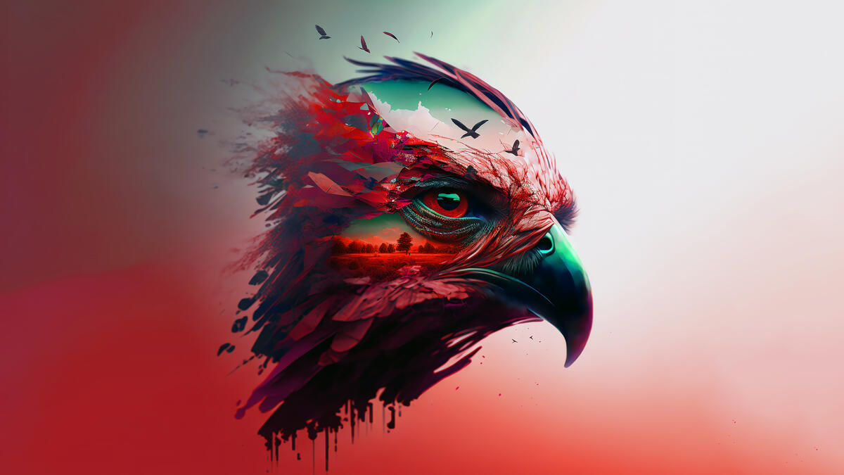 Фантастическая голова орла на красном фоне