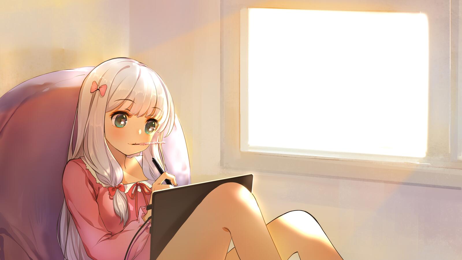 Обои аниме девушка окно комната на рабочий стол
