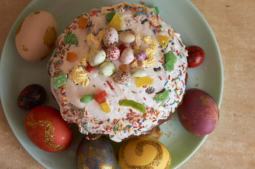 Easter cake with eggs on a plate