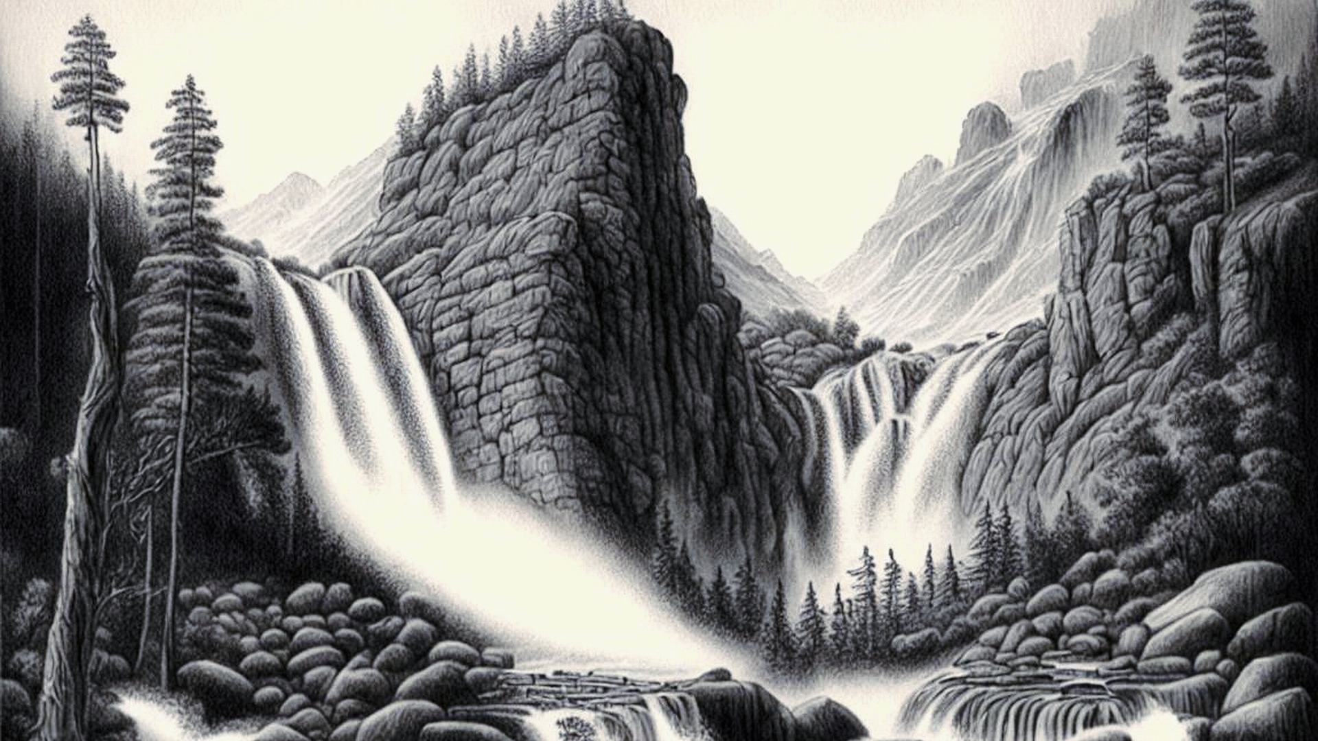 Drawing of a waterfall on the background of a mountain landscape