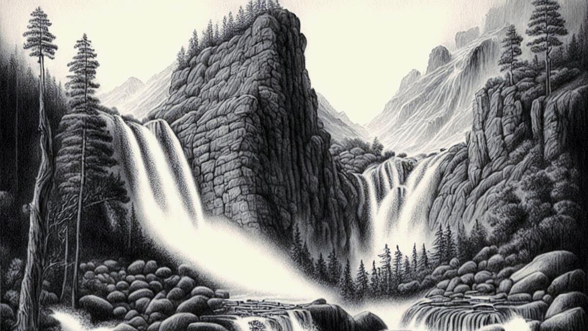 Рисунок водопад на фоне горного пейзажа