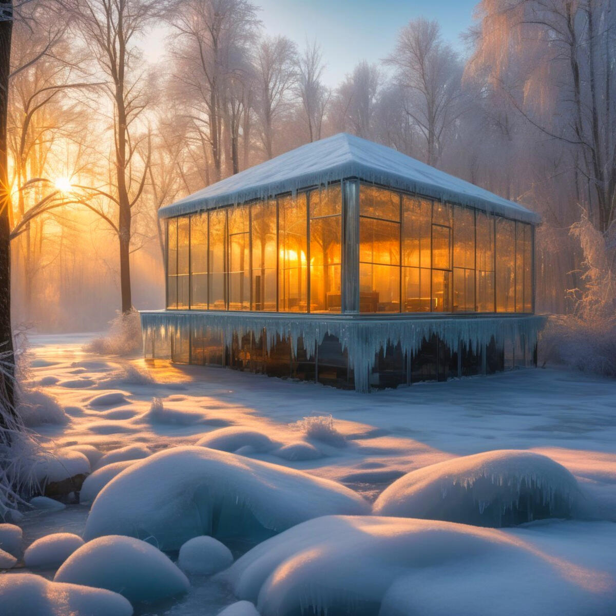 A cabin in winter at sunrise