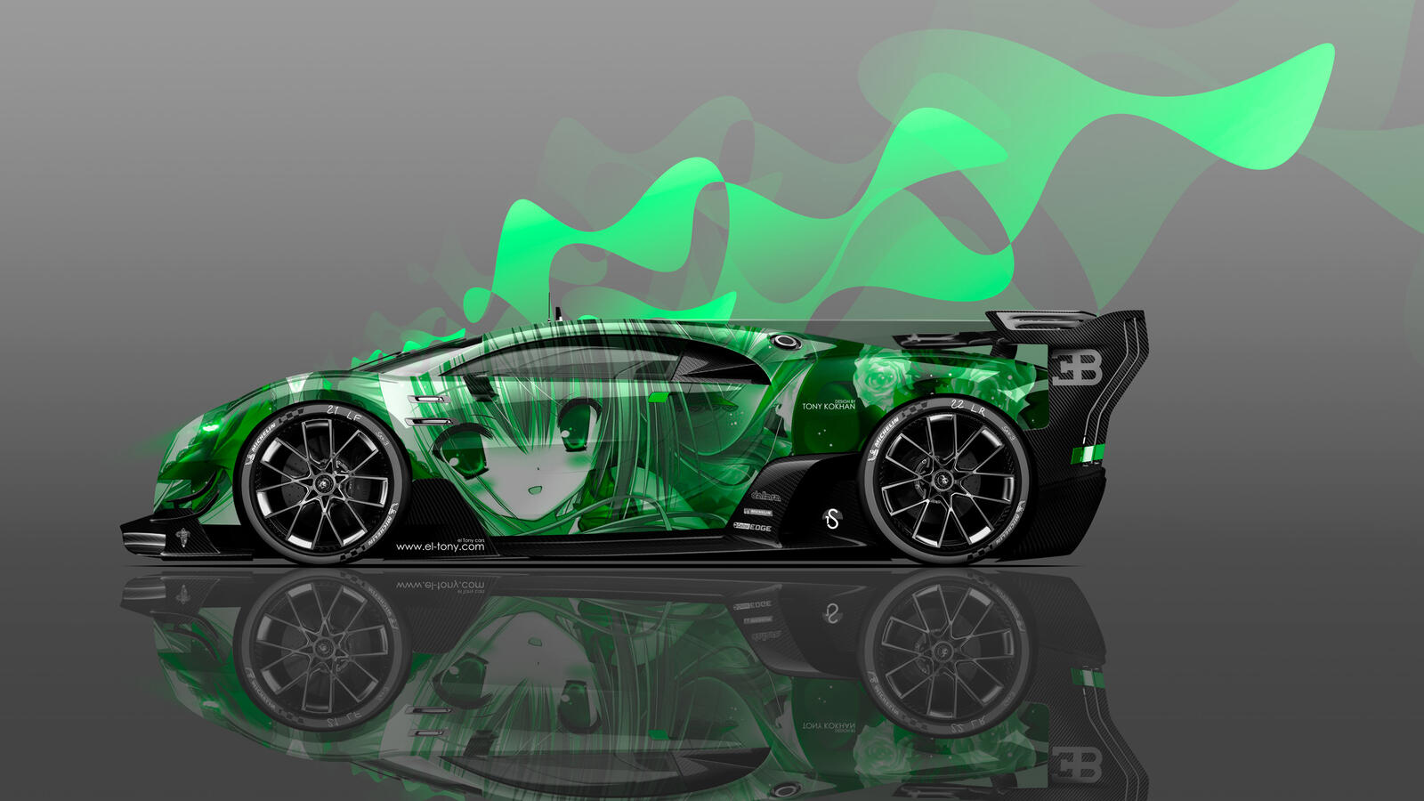 Бесплатное фото Отражение Bugatti зеленого цвета вид с боку