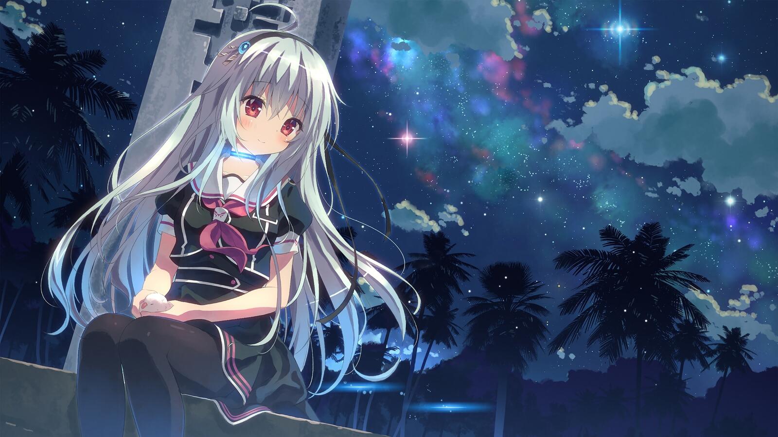 Free photo Anime girl against the starry sky.