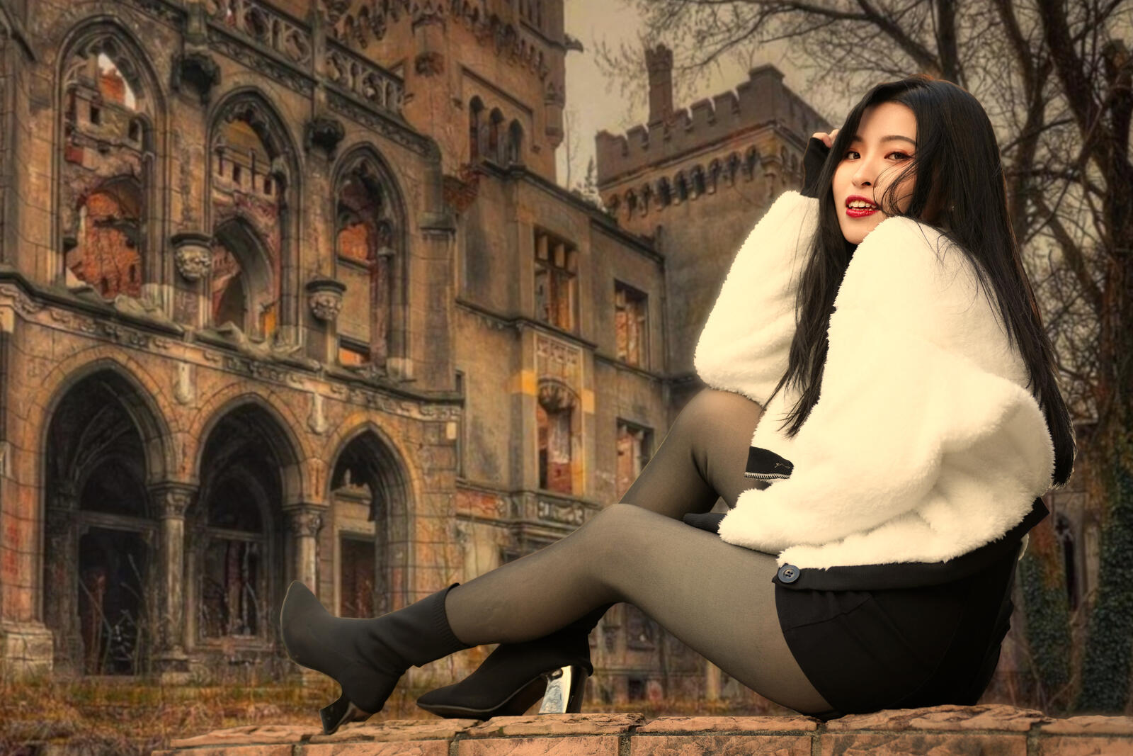 Free photo Brunette with Asian appearance sits in front of an ancient castle