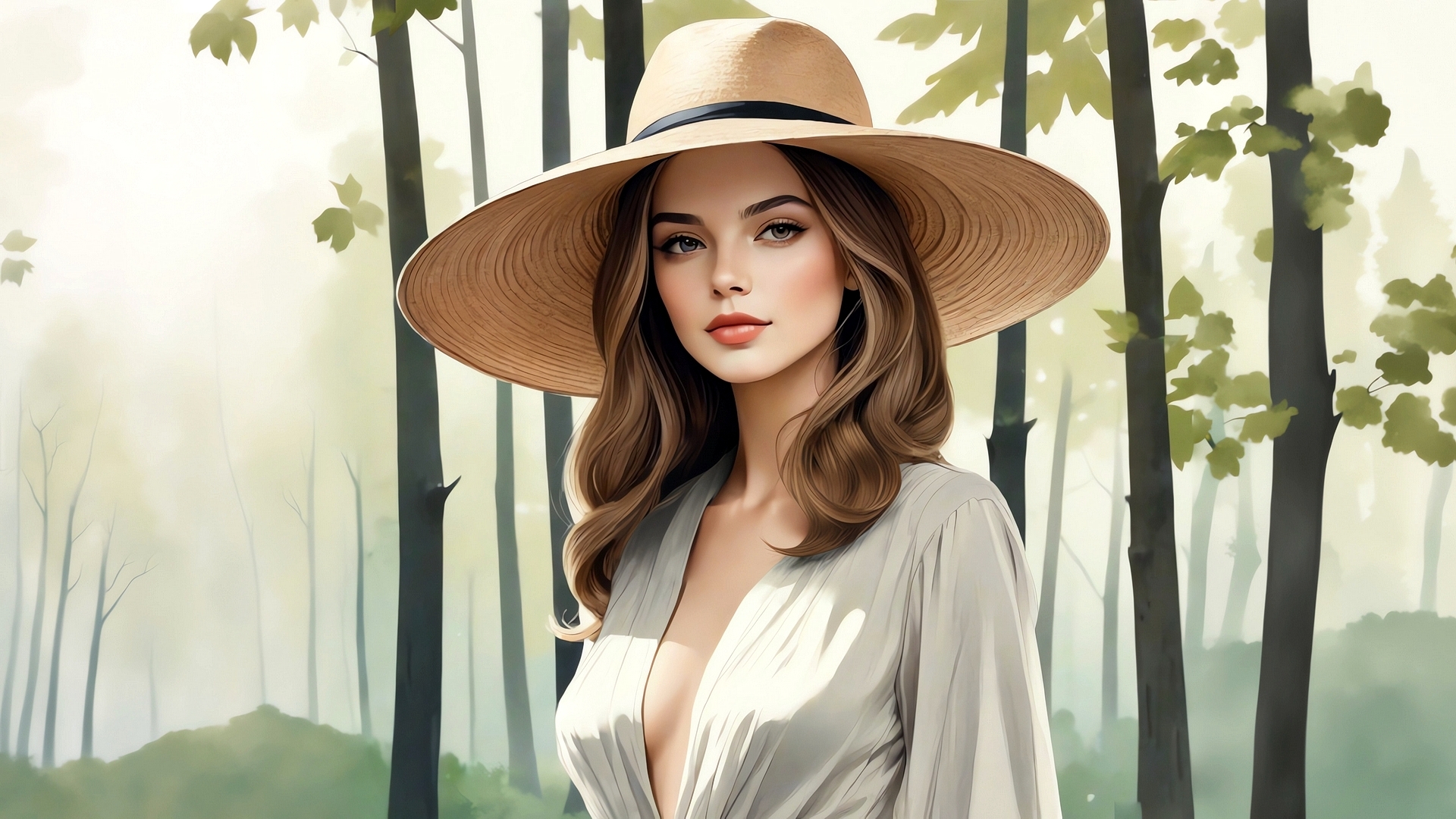 Девушка в широкополой шляпе в лесу