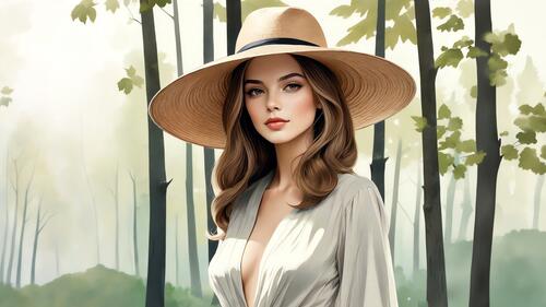 A girl in a wide-brimmed hat in the woods.