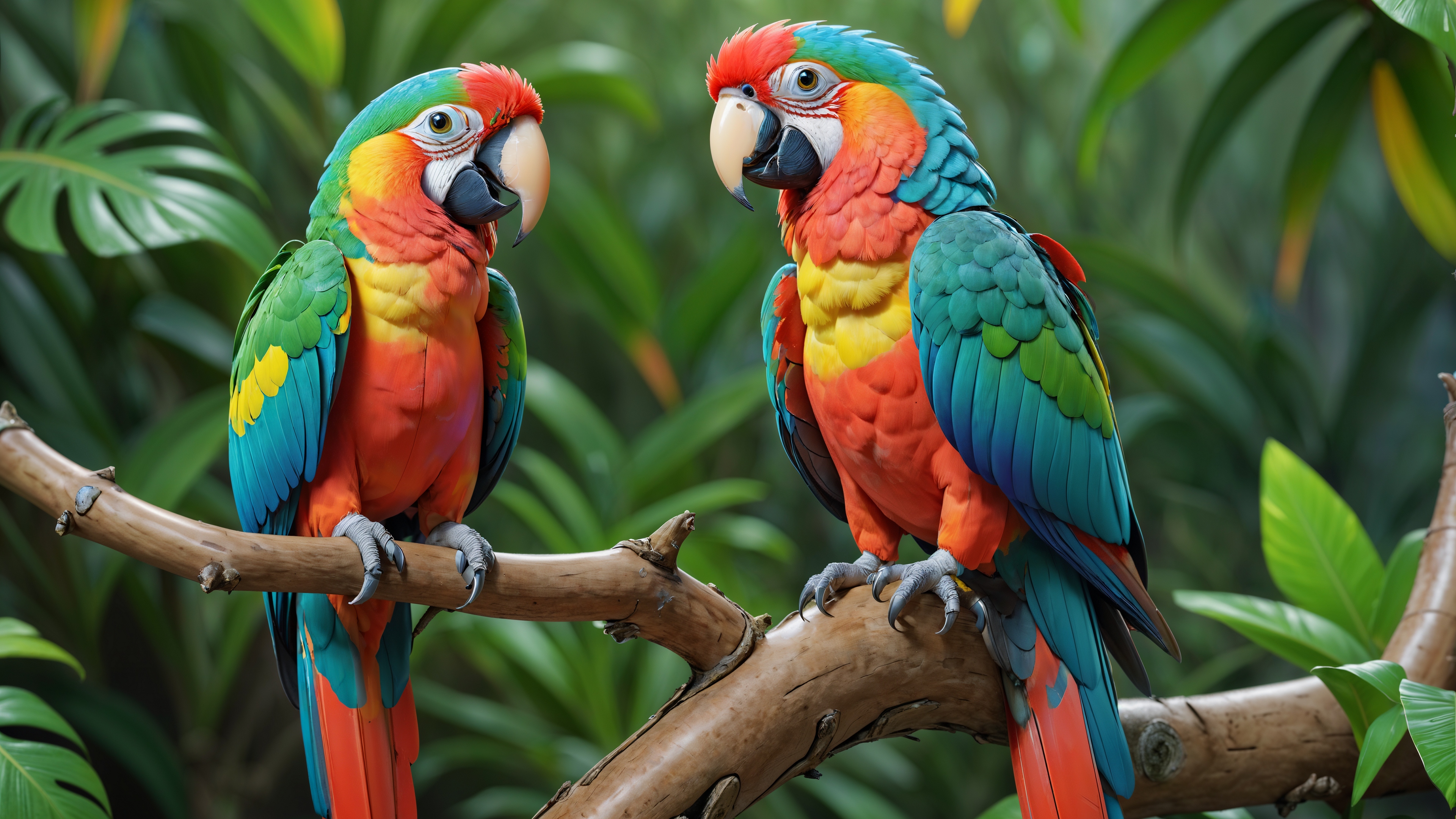 Два разноцветных попугая на ветке