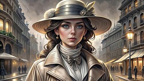 A girl in a light-colored hat and cloak on the street of the night city